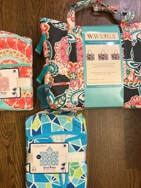 Waverly Multicolor Floral Tote & 2 Beach Ponchos NWT- Teal, Coral, Navy